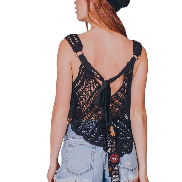 Free People NWT Black Sheer Embroidered Crochet Back Tie Tank Top Size XS - Picture 3 of 13